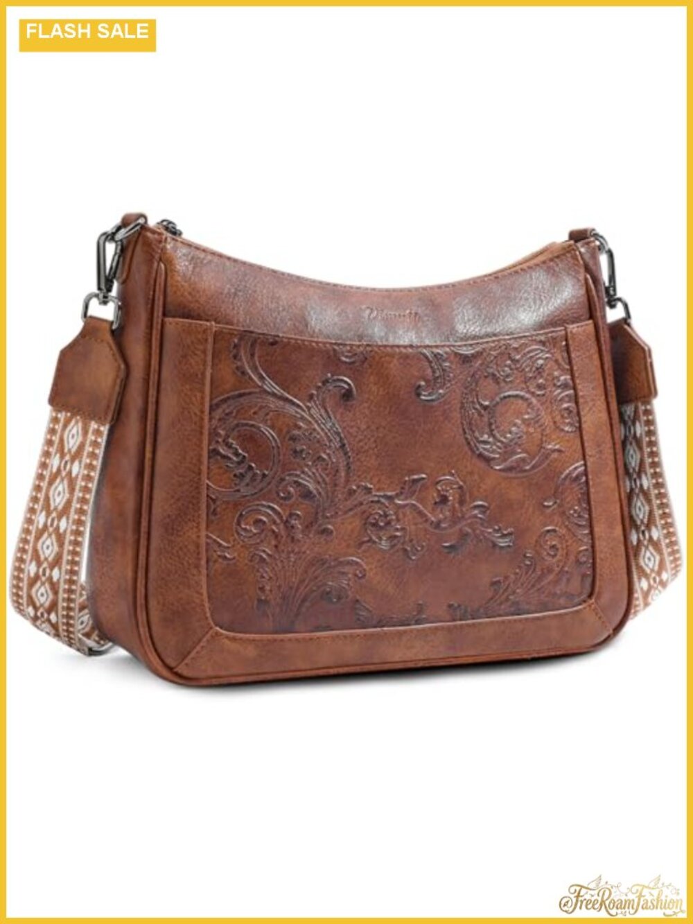Vegan Leather Crossbody Bag Embossed Flower Wide Strap Women's Purse